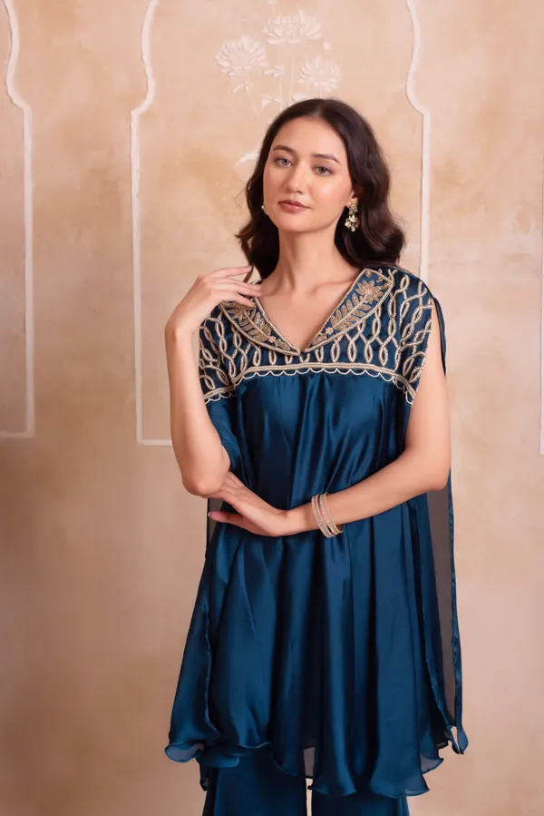 Ethnivo_Navy_Blue_Satin_Cape_Suit_With_Golden_Embroidered_Border