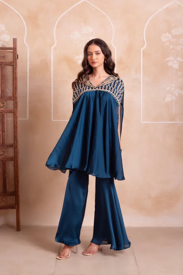 Ethnivo_Navy_Blue_Satin_Cape_Suit_With_Golden_Embroidered_Border