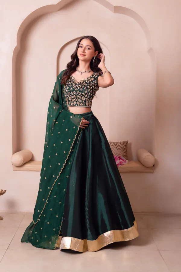 Ethnivo_Emerald_Green_Organza_Party_Wear_Lehenga_Choli_With_Golden_Border