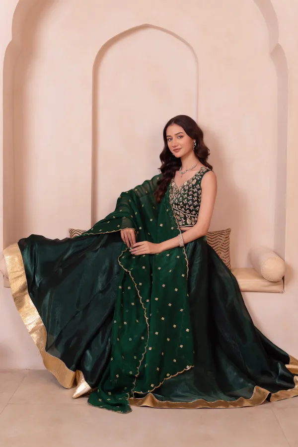 Ethnivo_Emerald_Green_Organza_Party_Wear_Lehenga_Choli_With_Golden_Border