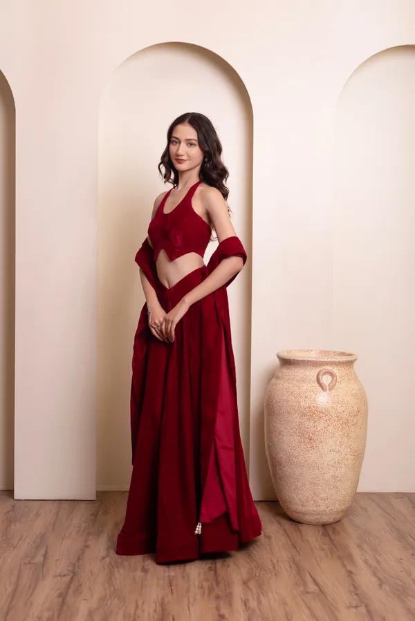 Ethnivo_Wine_Red_Velvet_Party_Wear_Lehenga_Choli_With_Matching_Border