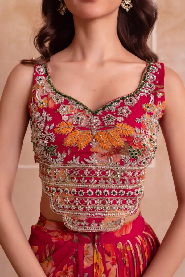 Ethnivo_Rani_Pink_Floral_Chiffon_Party_Wear_Lehenga_Choli_With_Printed_Border