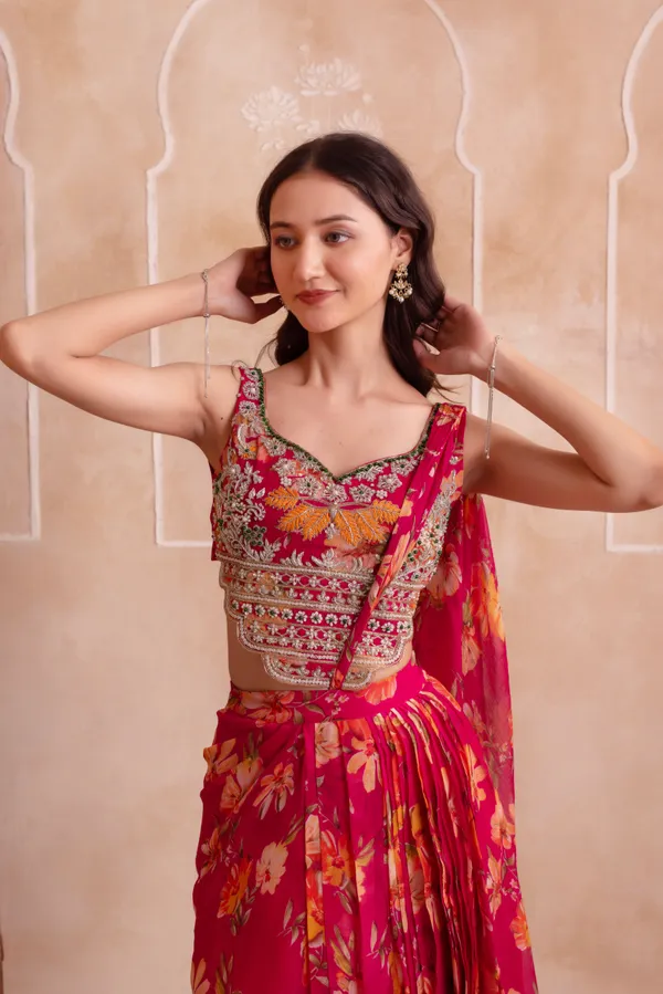 Ethnivo_Rani_Pink_Floral_Chiffon_Party_Wear_Lehenga_Choli_With_Printed_Border