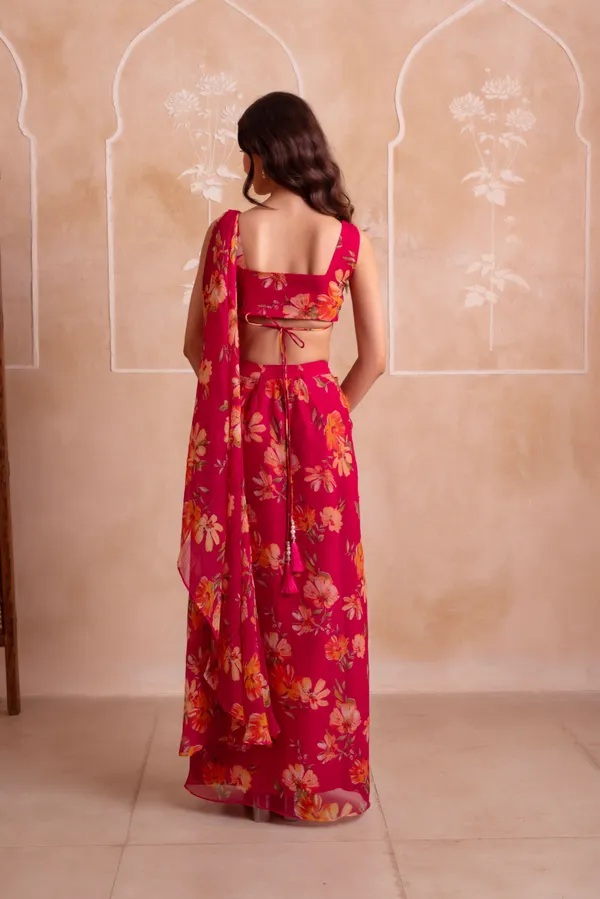 Ethnivo_Rani_Pink_Floral_Chiffon_Party_Wear_Lehenga_Choli_With_Printed_Border