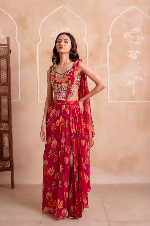 Ethnivo_Rani_Pink_Floral_Chiffon_Party_Wear_Lehenga_Choli_With_Printed_Border