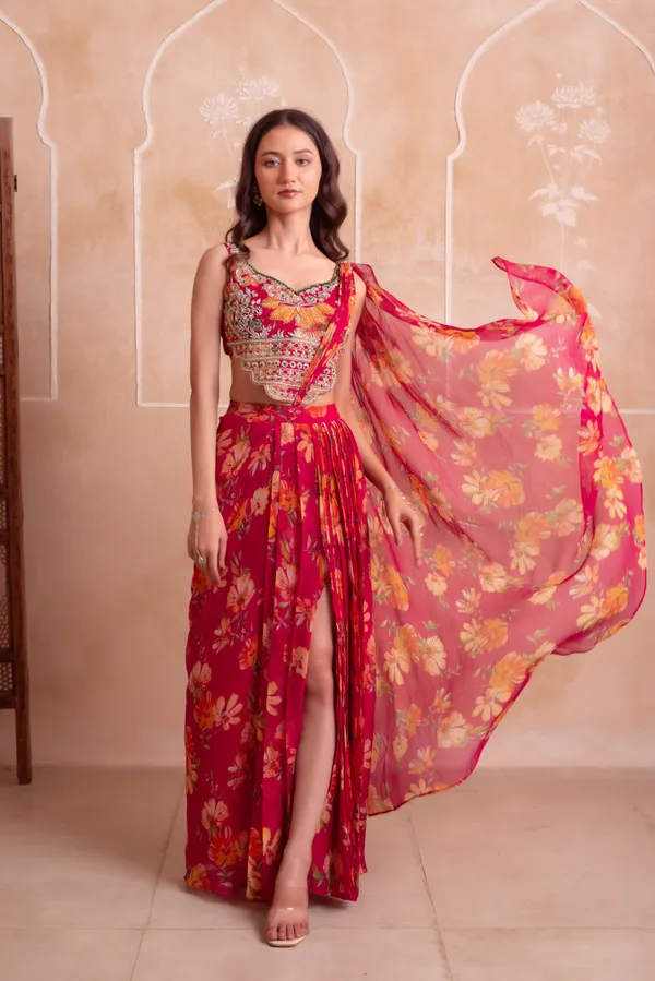 Ethnivo_Rani_Pink_Floral_Chiffon_Party_Wear_Lehenga_Choli_With_Printed_Border