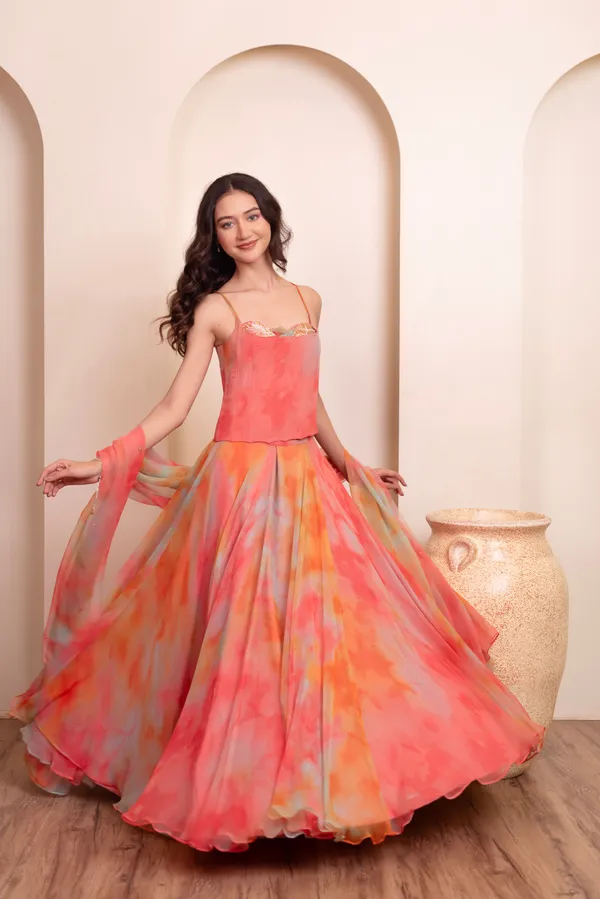 Ethnivo_Coral_Pink_Orange_Chiffon_Party_Wear_Lehenga_Choli_With_Ombre_Border