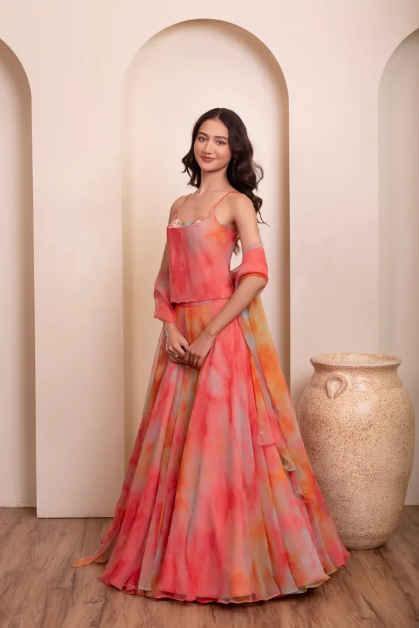 Ethnivo_Coral_Pink_Orange_Chiffon_Party_Wear_Lehenga_Choli_With_Ombre_Border