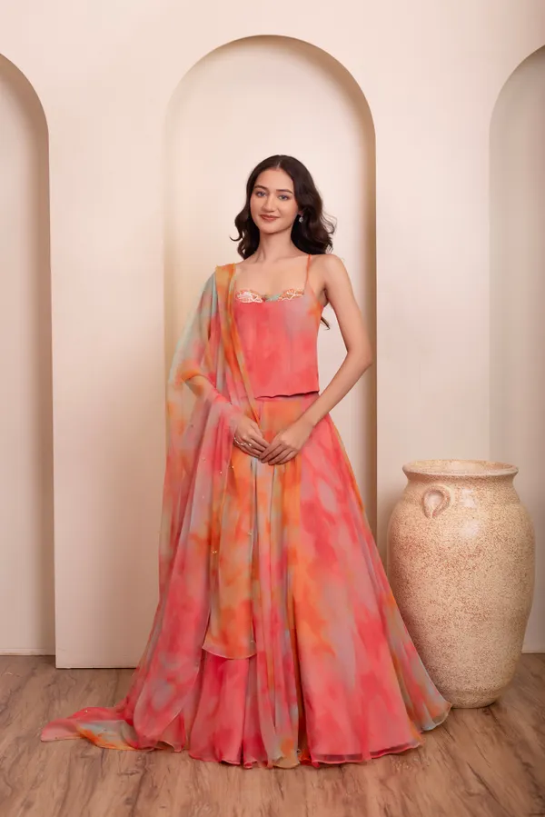 Ethnivo_Coral_Pink_Orange_Chiffon_Party_Wear_Lehenga_Choli_With_Ombre_Border
