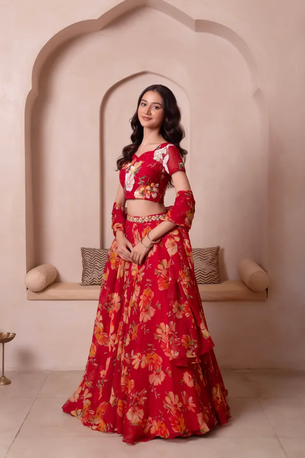 Ethnivo_Red_Floral_Chiffon_Party_Wear_Lehenga_Choli_With_Golden_Border