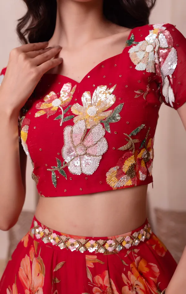 Ethnivo_Red_Floral_Chiffon_Party_Wear_Lehenga_Choli_With_Golden_Border