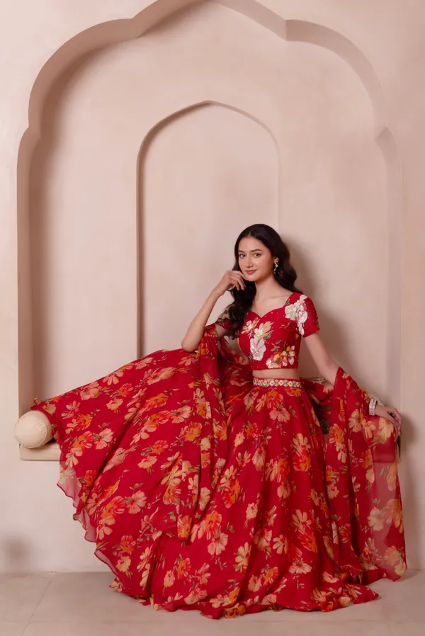 Ethnivo_Red_Floral_Chiffon_Party_Wear_Lehenga_Choli_With_Golden_Border