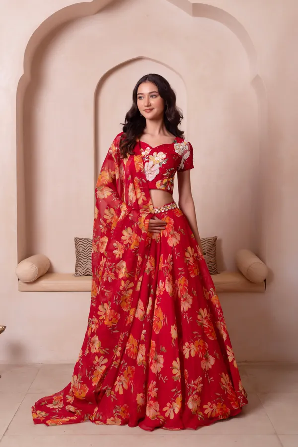 Ethnivo_Red_Floral_Chiffon_Party_Wear_Lehenga_Choli_With_Golden_Border