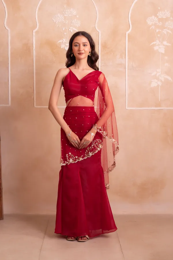 Ethnivo_Wine_Red_Organza_Party_Wear_Lehenga_Choli_With_Golden_Embroidered_Border