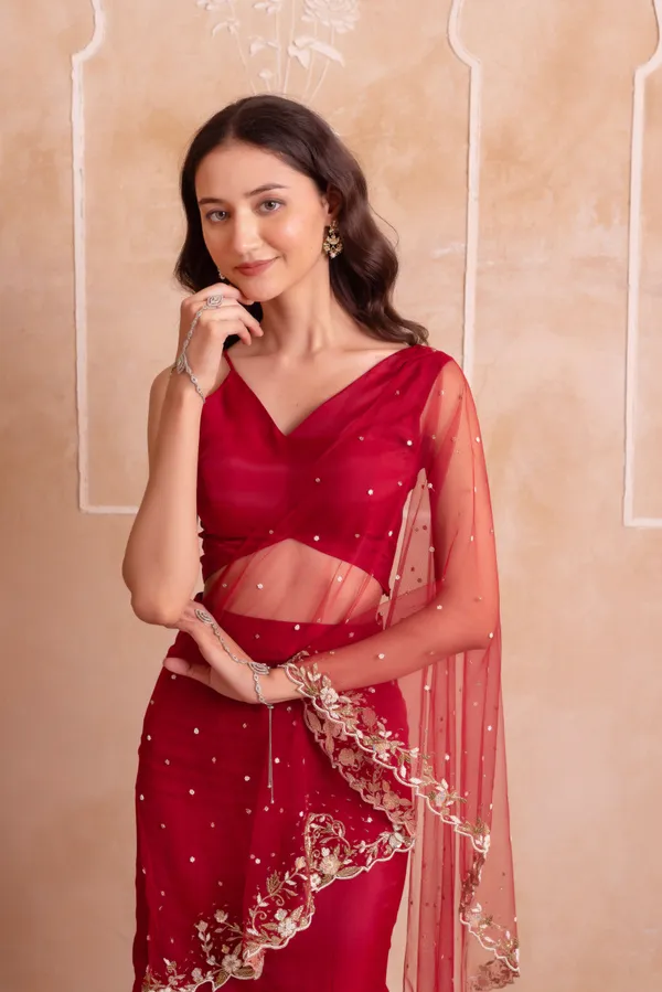 Ethnivo_Wine_Red_Organza_Party_Wear_Lehenga_Choli_With_Golden_Embroidered_Border