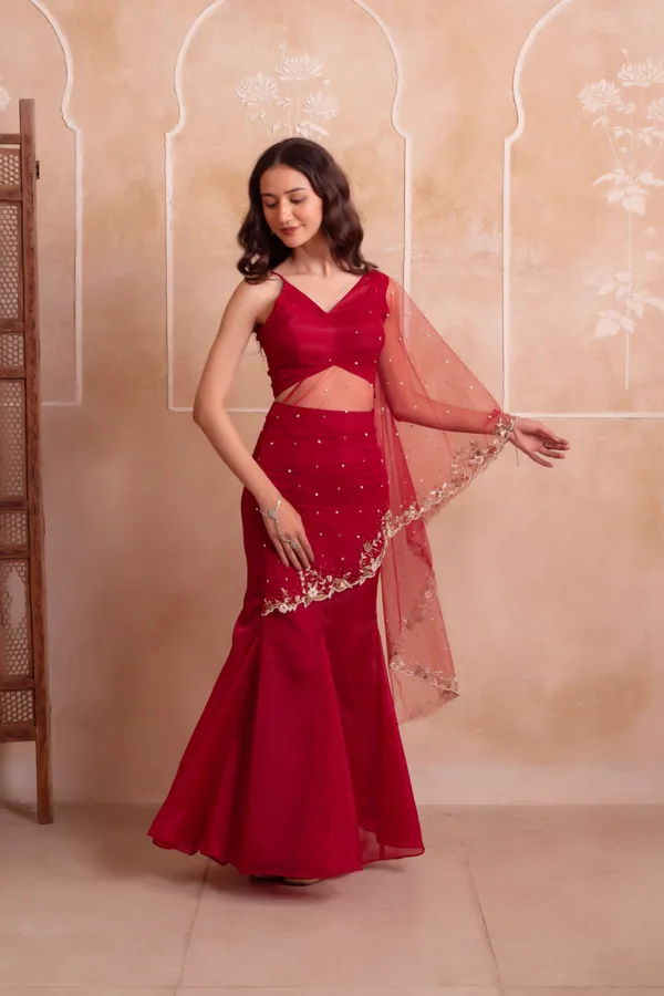 Ethnivo_Wine_Red_Organza_Party_Wear_Lehenga_Choli_With_Golden_Embroidered_Border