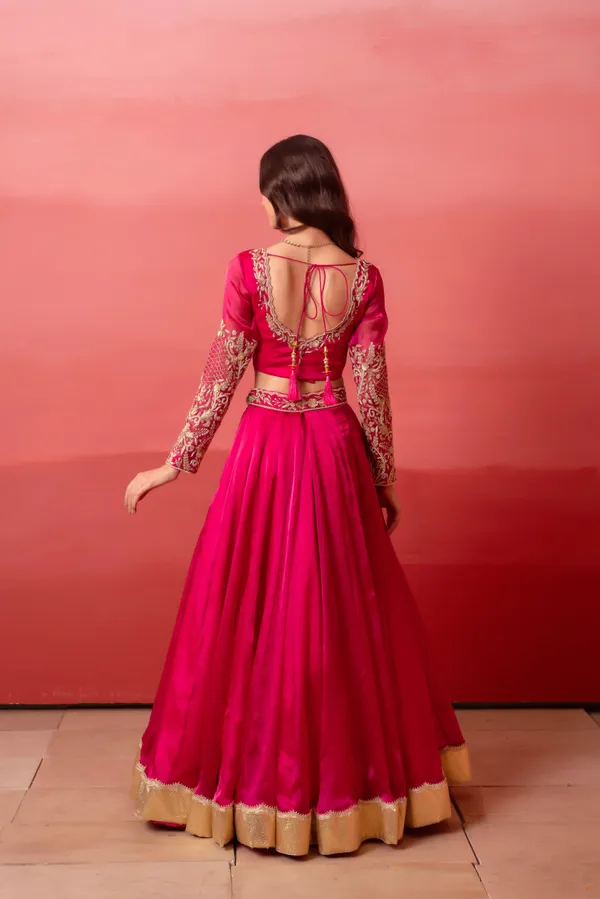 Ethnivo_Hot_Pink_Organza_Party_Wear_Lehenga_Choli_With_Golden_Border
