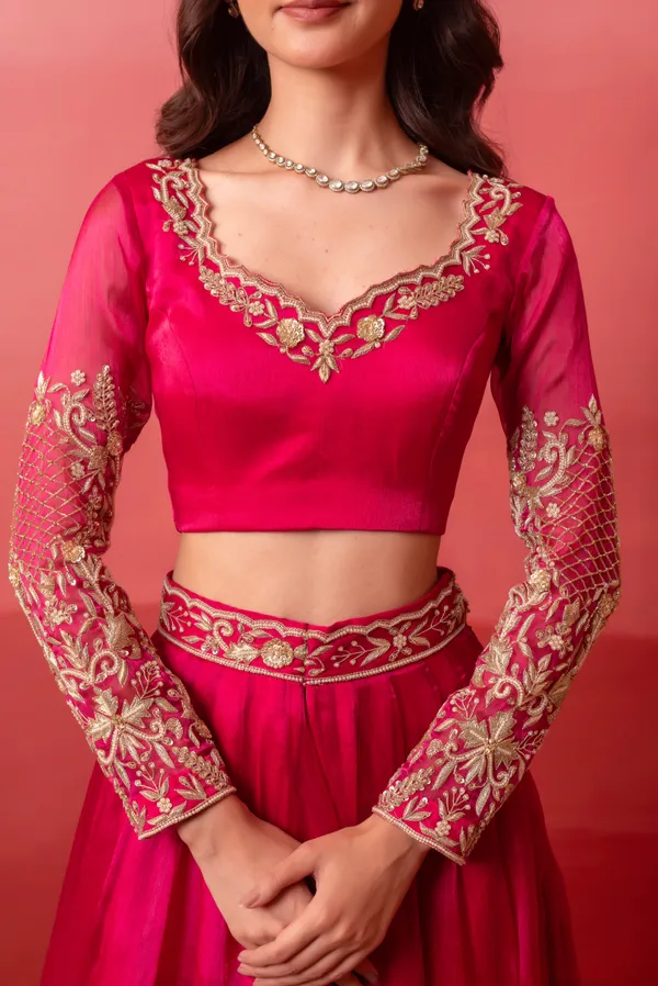 Ethnivo_Hot_Pink_Organza_Party_Wear_Lehenga_Choli_With_Golden_Border