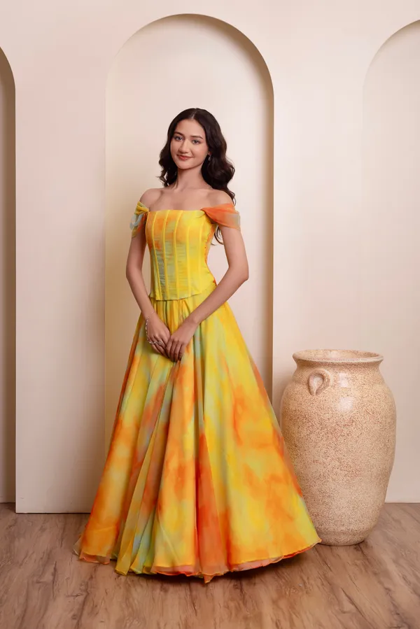 Ethnivo_Yellow_Orange_Chiffon_Party_Wear_Lehenga_Choli_With_Orange_Border