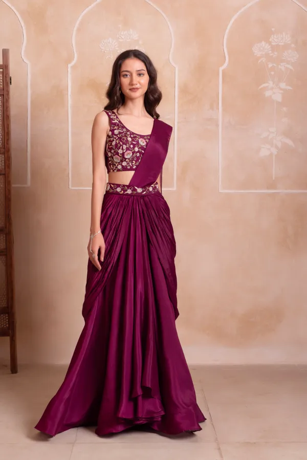 Wine_Purple_Chinon_Party_Wear_Saree_With_Golden_Embroidered_Border