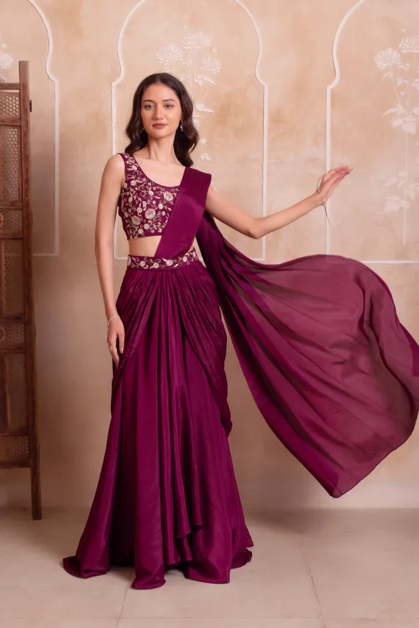 Wine_Purple_Chinon_Party_Wear_Saree_With_Golden_Embroidered_Border