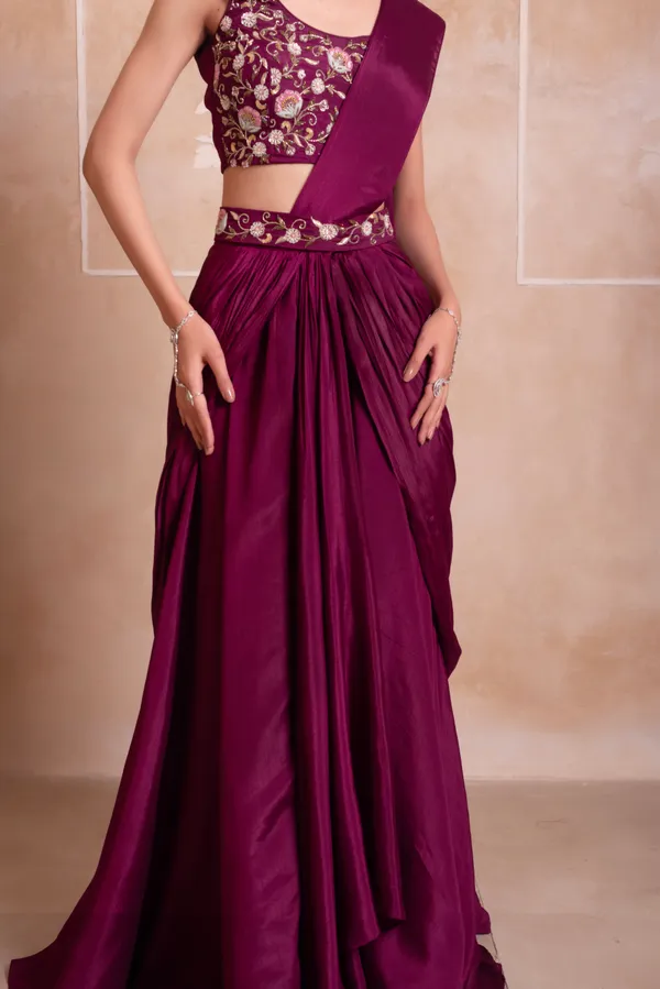 Wine_Purple_Chinon_Party_Wear_Saree_With_Golden_Embroidered_Border