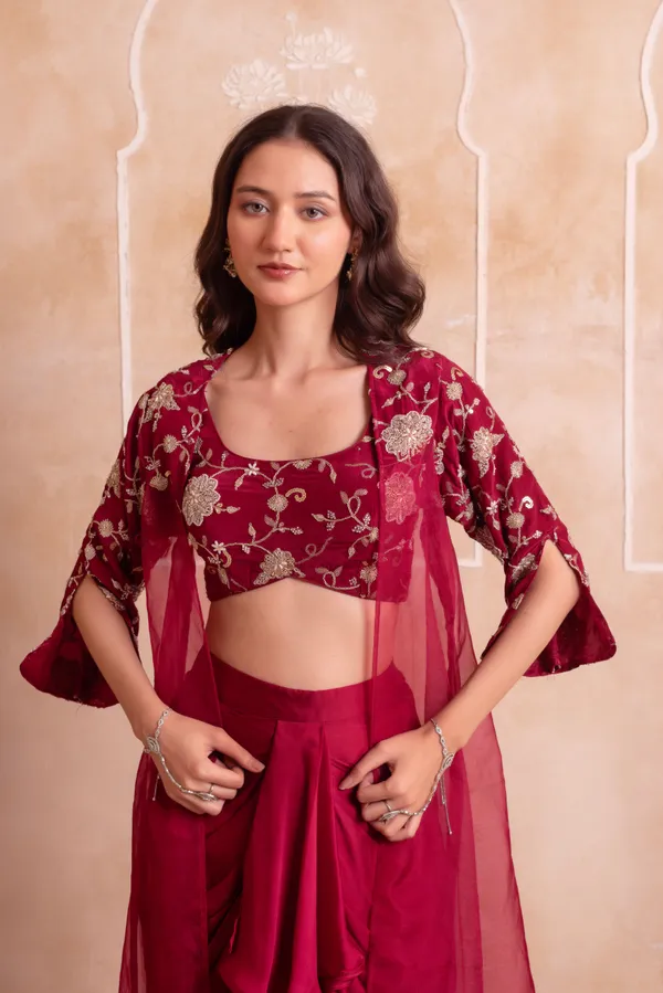Wine_Satin_Indo_Western_With_Sheer_Embroidered_Border