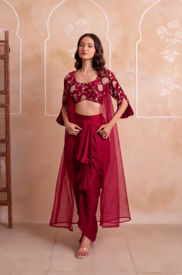Wine_Satin_Indo_Western_With_Sheer_Embroidered_Border