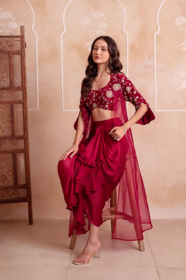 Wine_Satin_Indo_Western_With_Sheer_Embroidered_Border