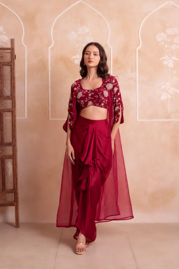 Wine_Satin_Indo_Western_With_Sheer_Embroidered_Border
