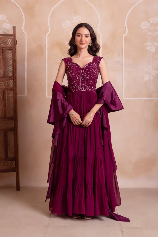 Wine_Georgette_Indo_Western_With_Embroidered_Bodice_Layered_Border
