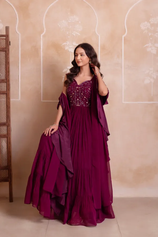 Wine_Georgette_Indo_Western_With_Embroidered_Bodice_Layered_Border