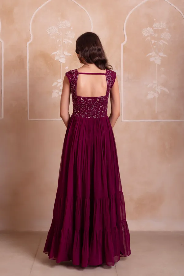 Wine_Georgette_Indo_Western_With_Embroidered_Bodice_Layered_Border