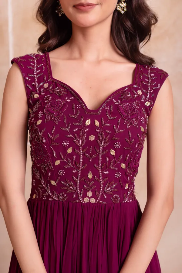 Wine_Georgette_Indo_Western_With_Embroidered_Bodice_Layered_Border