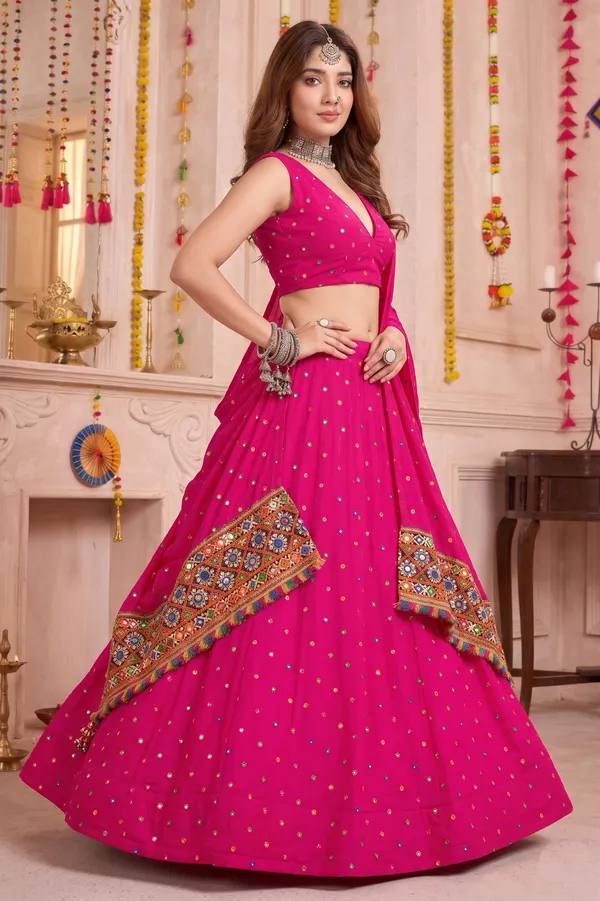 Hot_Pink_Navratri_Lehenga_Choli_With_Multicolor_Embroidered_Border_Default_Title