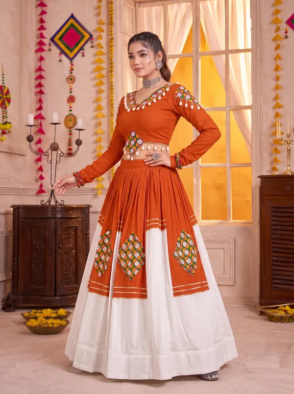 Rust_Orange_White_Navratri_Lehenga_Choli_With_Multicolor_Embroidered_Border_Default_Title