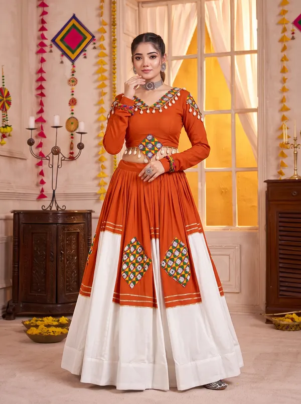 Rust_Orange_White_Navratri_Lehenga_Choli_With_Multicolor_Embroidered_Border_Default_Title