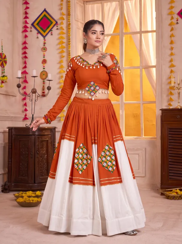 Rust_Orange_White_Navratri_Lehenga_Choli_With_Multicolor_Embroidered_Border_Default_Title