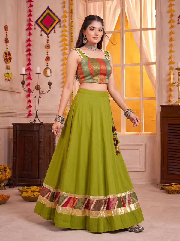 Olive_Green_Navratri_Lehenga_Choli_With_Multicolor_Gold_Border_Default_Title