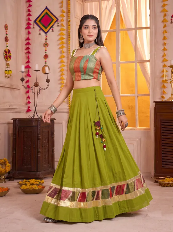 Olive_Green_Navratri_Lehenga_Choli_With_Multicolor_Gold_Border_Default_Title