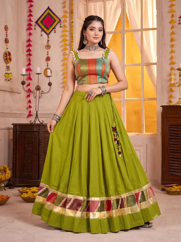 Olive_Green_Navratri_Lehenga_Choli_With_Multicolor_Gold_Border_Default_Title
