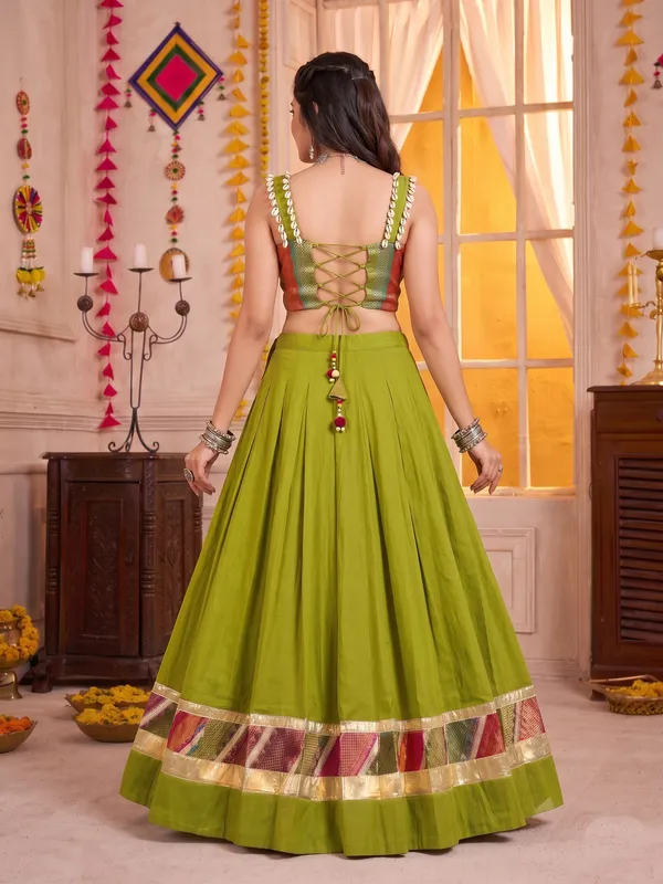 Olive_Green_Navratri_Lehenga_Choli_With_Multicolor_Gold_Border_Default_Title