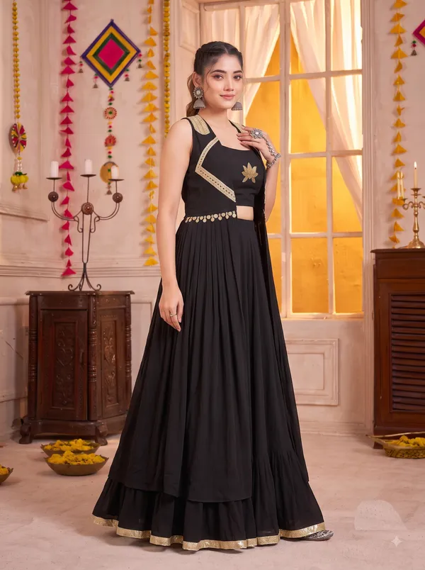 Ethnivo_Black_Georgette_Lehenga_Choli_With_Gold_Border_Default_Title