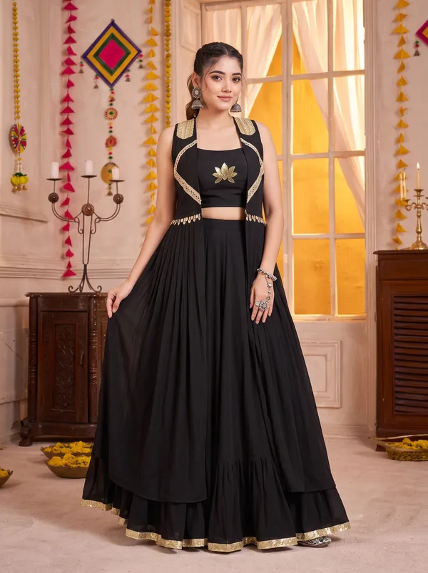 Ethnivo_Black_Georgette_Lehenga_Choli_With_Gold_Border_Default_Title