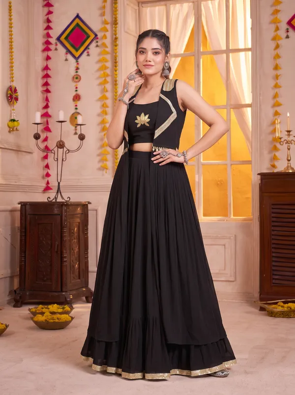 Ethnivo_Black_Georgette_Lehenga_Choli_With_Gold_Border_Default_Title