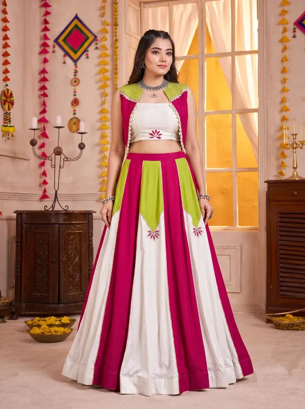 Ethnivo_Pink_White_Rayon_Lehenga_Choli_With_Green_Accents_Default_Title