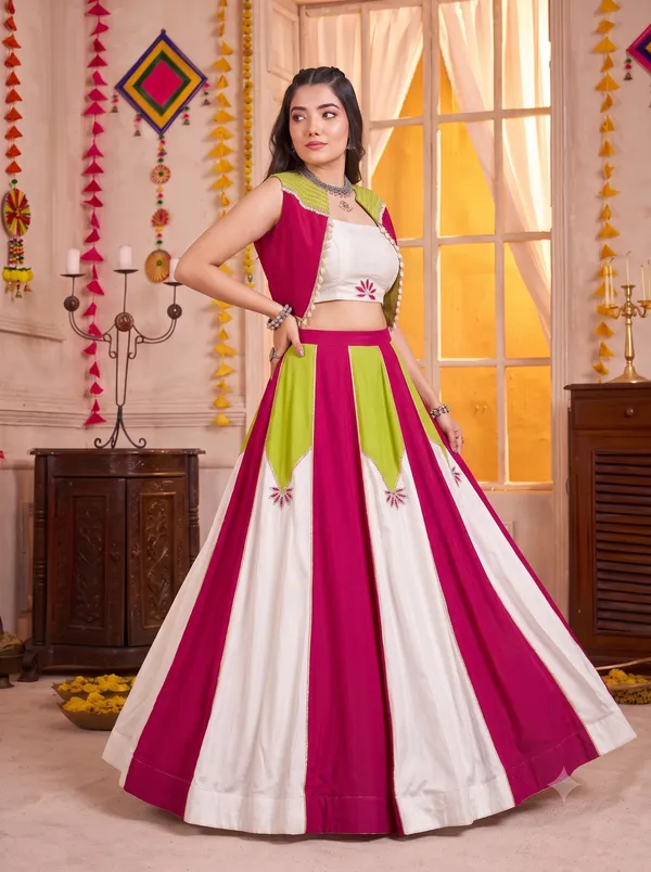Ethnivo_Pink_White_Rayon_Lehenga_Choli_With_Green_Accents_Default_Title