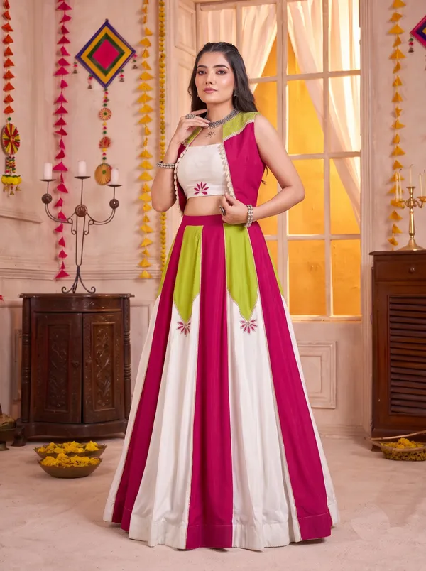 Ethnivo_Pink_White_Rayon_Lehenga_Choli_With_Green_Accents_Default_Title