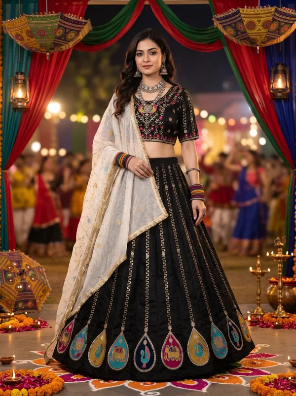 Black_Vichira_Silk_Lehenga_Choli_With_Multicolor_Embroidered_Border_Default_Title