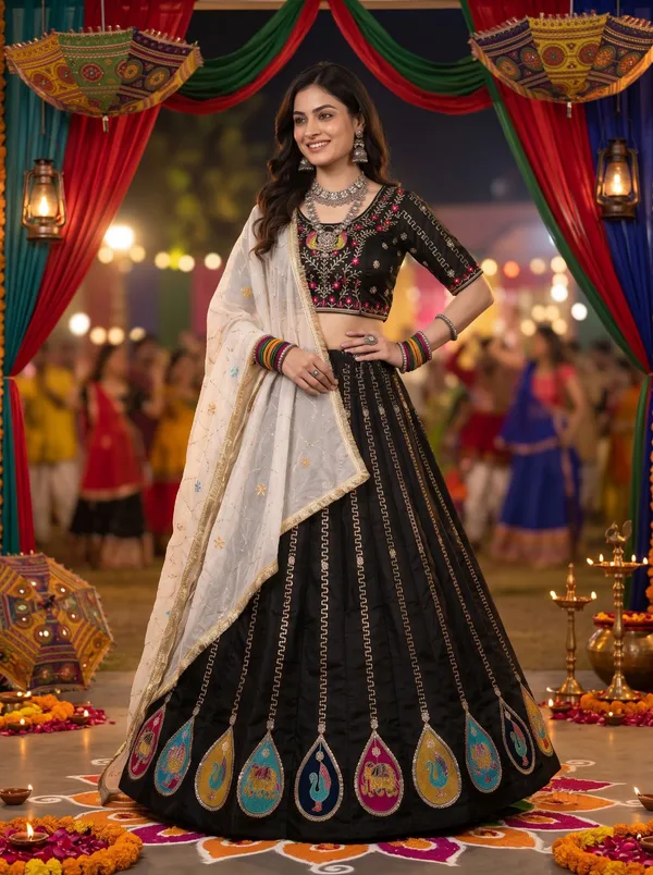 Black_Vichira_Silk_Lehenga_Choli_With_Multicolor_Embroidered_Border_Default_Title
